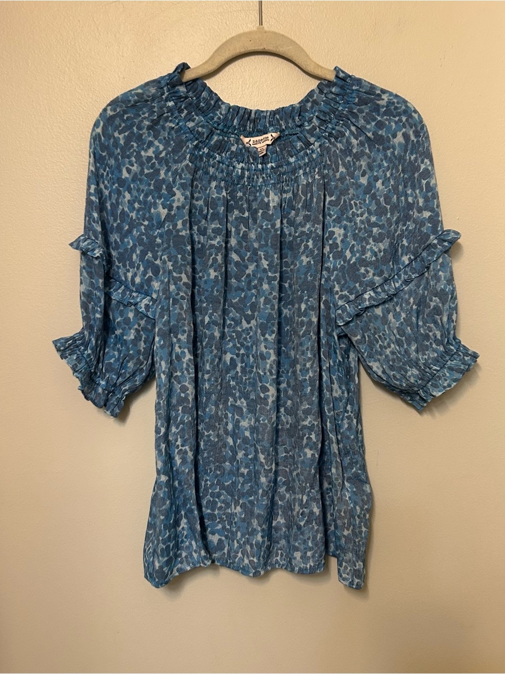 Nanette Lepore Blouse Women’s‎ Size XS Blue Pattern Short Sleeve Peasant Shirt